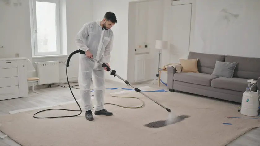 Technician carrying out hot water extraction on a contaminated carpet in a Newcastle home